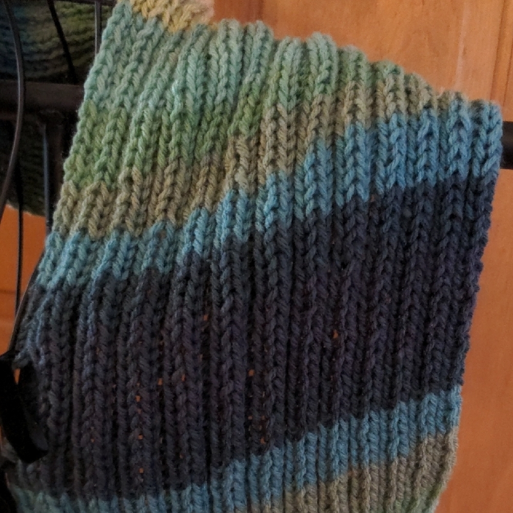 Handmade Knitted Scarf Cape in Blue and Green Tones 2 Black Velvet Ribbons - Picture 6 of 9